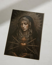 Artistic depiction of our lady of sorrows with a halo on a textured surface