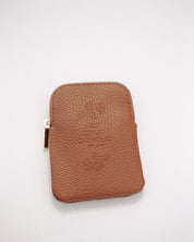Brown leather rosary pouch with embossed logo on a white background