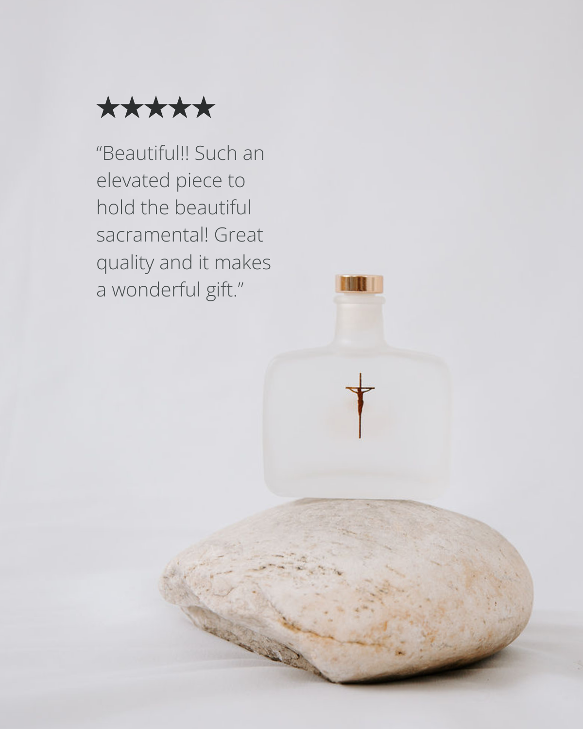 Holy water bottle with a rock on a light gray background, featuring a five-star rating and customer review.