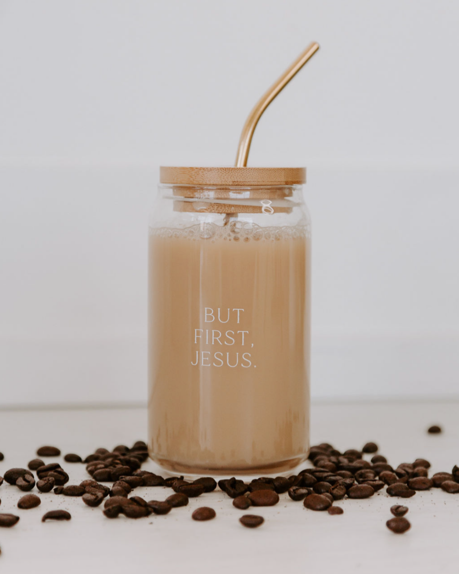 Tumbler but with 'But first, Jesus' text, gold straw, and coffee beans on a white background