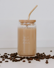 Tumbler but with 'But first, Jesus' text, gold straw, and coffee beans on a white background