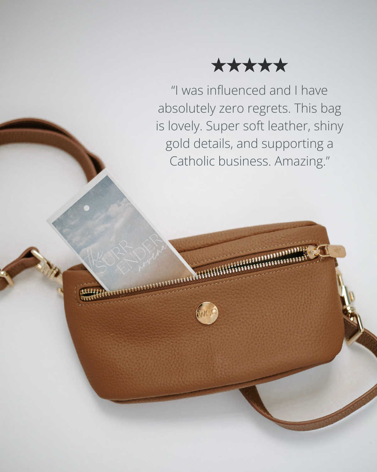 Brown leather handbag with gold accents on a light gray background
