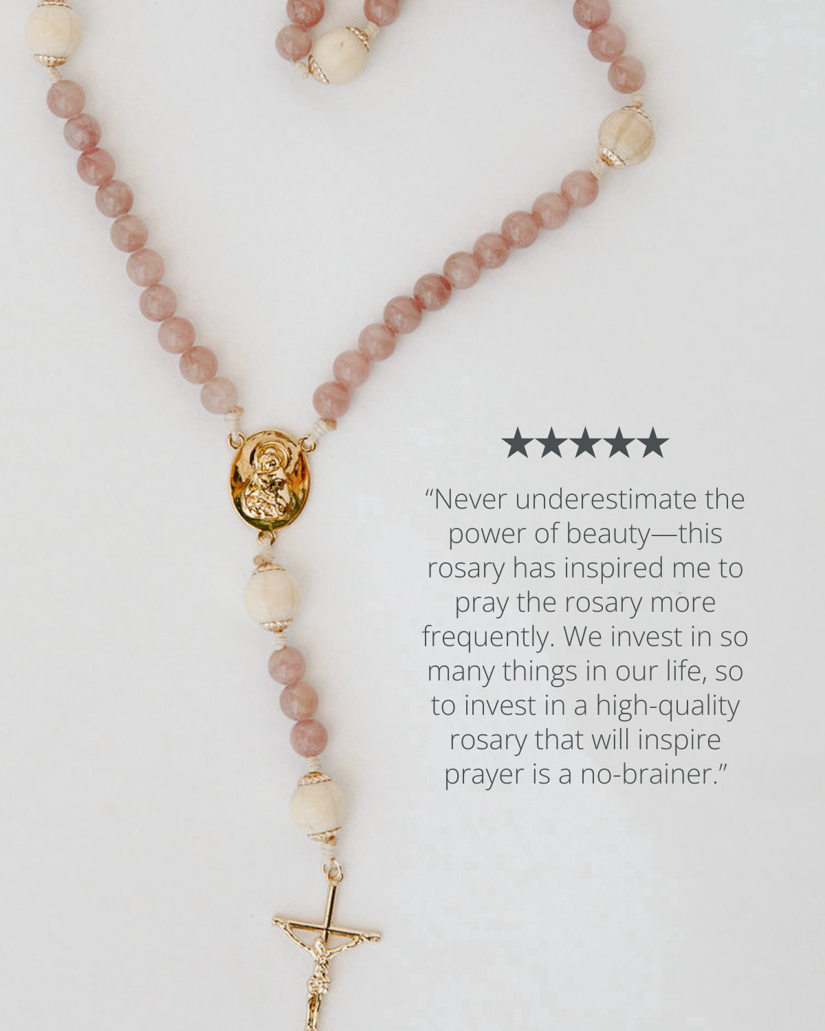 Rose rosary with gold accents on a white background, featuring a five-star rating and customer quote.