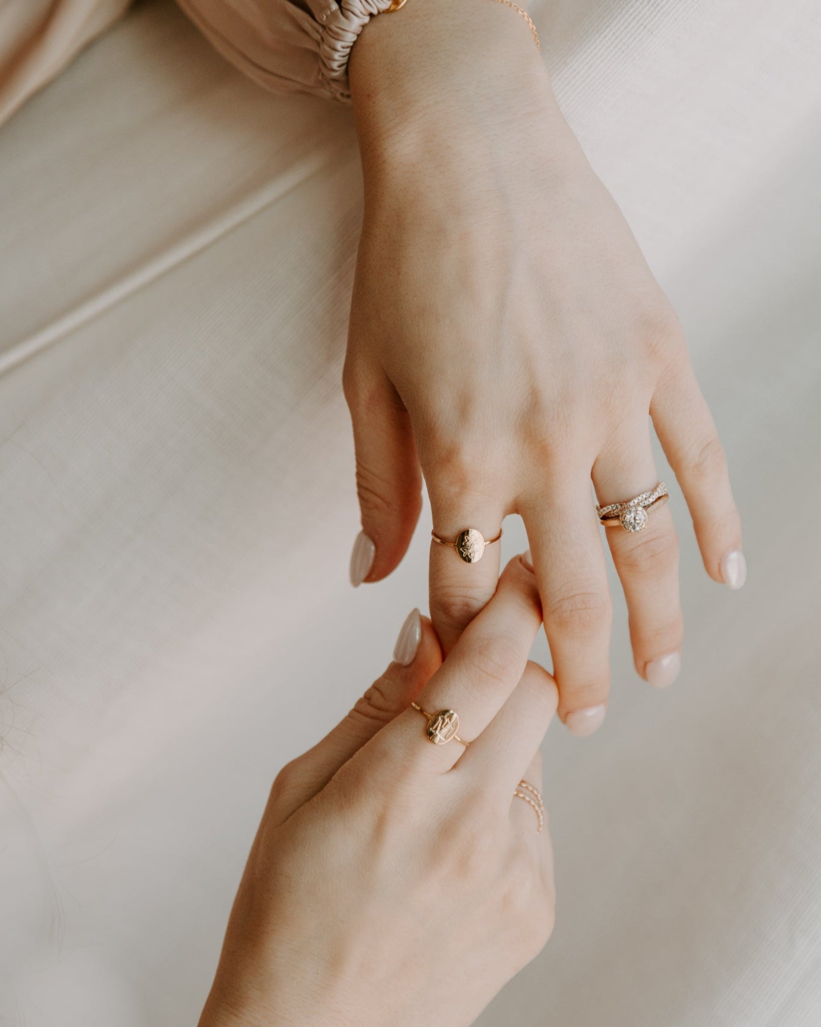 Gold St. Joseph Consecration Ring styled on woman's hand