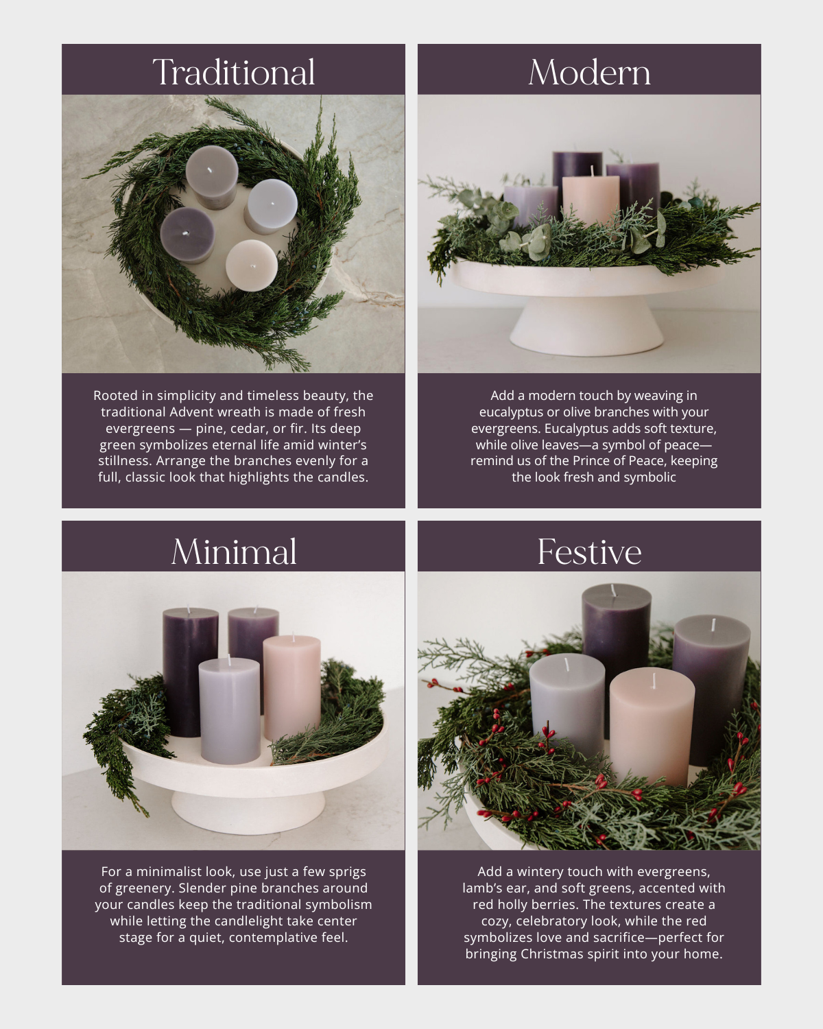 Four different styles of Advent wreaths with candles on a white background.