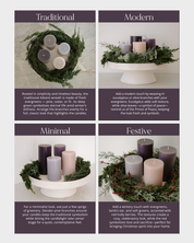 Four different styles of Advent wreaths with candles on a white background.