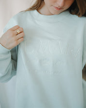 Person wearing a light blue sweatshirt with text, holding it with one hand.