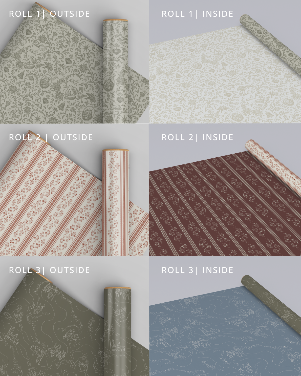 Six rolls of patterned wallpaper with labels for outside and inside use.