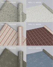 Six rolls of patterned wallpaper with labels for outside and inside use.