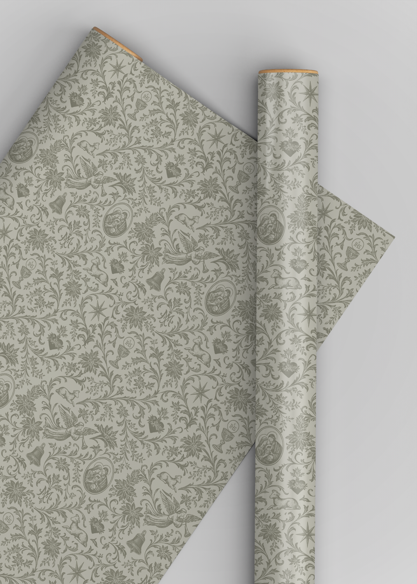 Catholic Christmas gift wrap roll on grey background