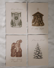 Four Christmas-themed cards with illustrations and text on a white background