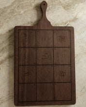 Dark brown wooden quality serving board with Catholic imagery.  
