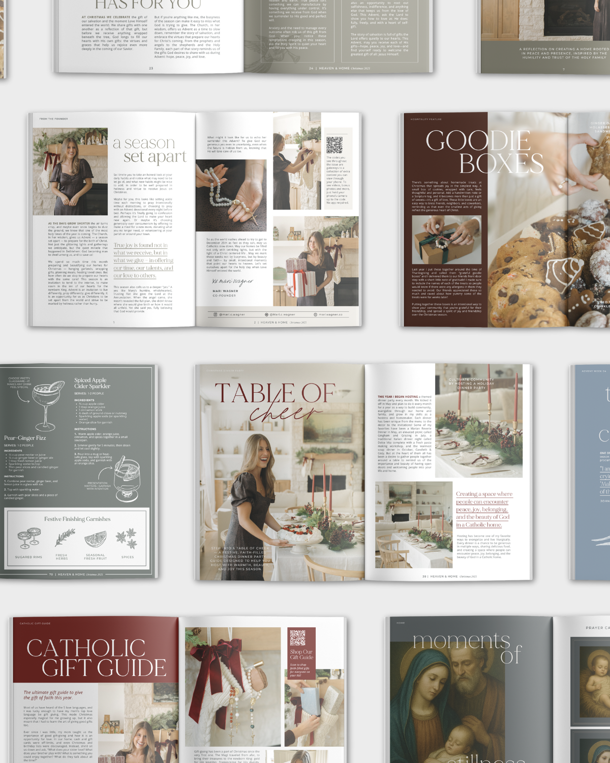 Collection of magazine or book pages with various layouts and content on a white background