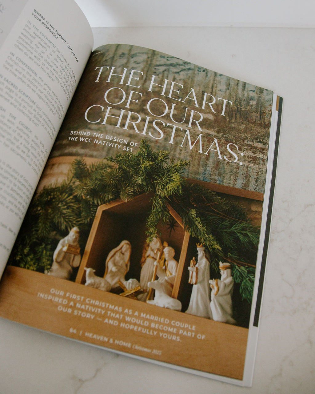 Open book with a Christmas-themed page featuring a nativity scene.