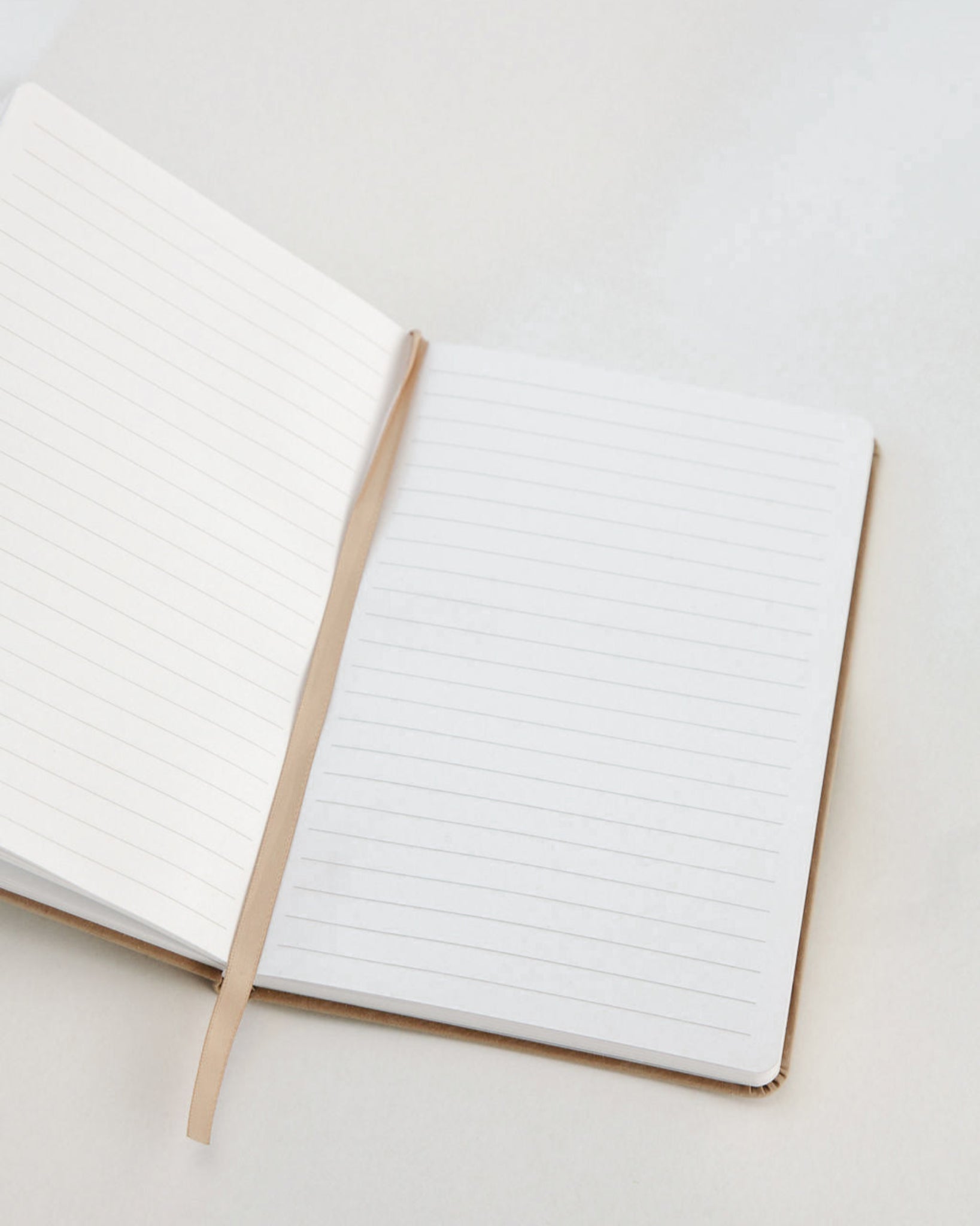 Open notebook with lined pages on a light gray background