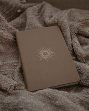 Brown linen journal on textured brown blanket