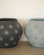 Two West Coast Catholic original Marian Vases. Designed with a repeating Marian "M" symbol in a light blue color. 