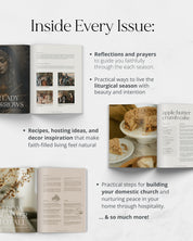 “Inside Every Issue” graphic for Heaven & Home magazine by West Coast Catholic, featuring reflections, recipes, hosting ideas, and domestic church tips across open magazine spreads.