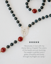 Divine mercy rosary with black and red beads and silver medal review with 5 star rating
