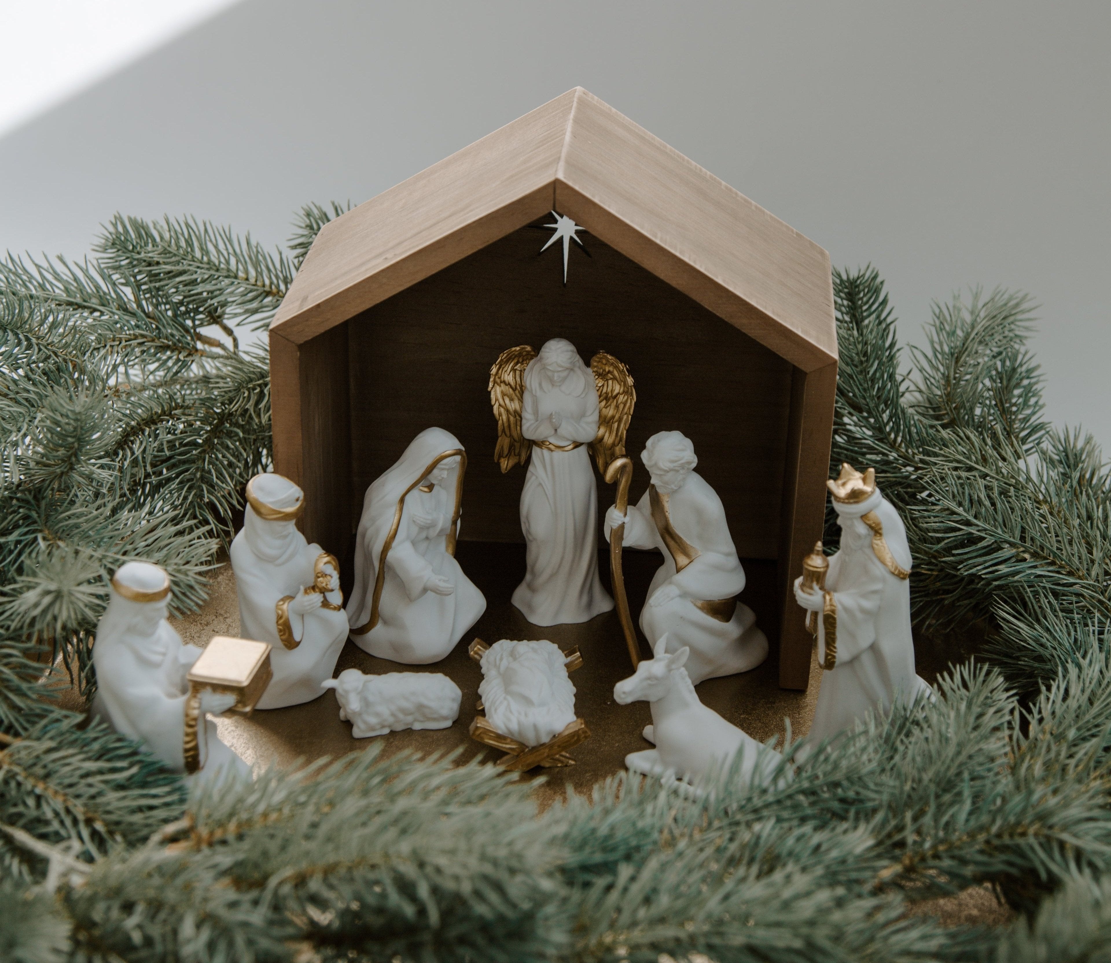Nativity set in christmas greenery