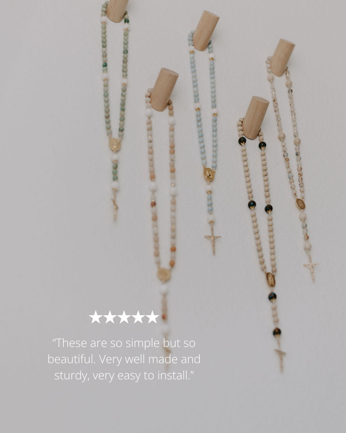 Set of wooden pegs on wall 
with a neutral background