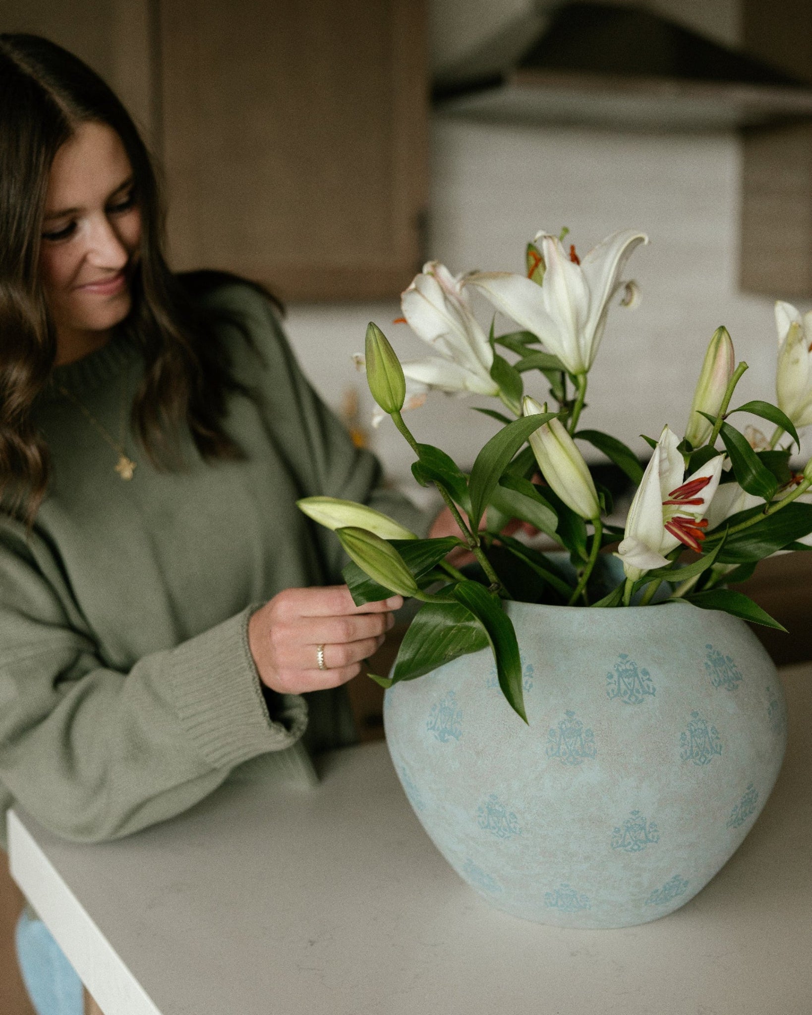 Marian Vase styled by West Cost Catholic. In a modern Catholic home &  kitchen. 