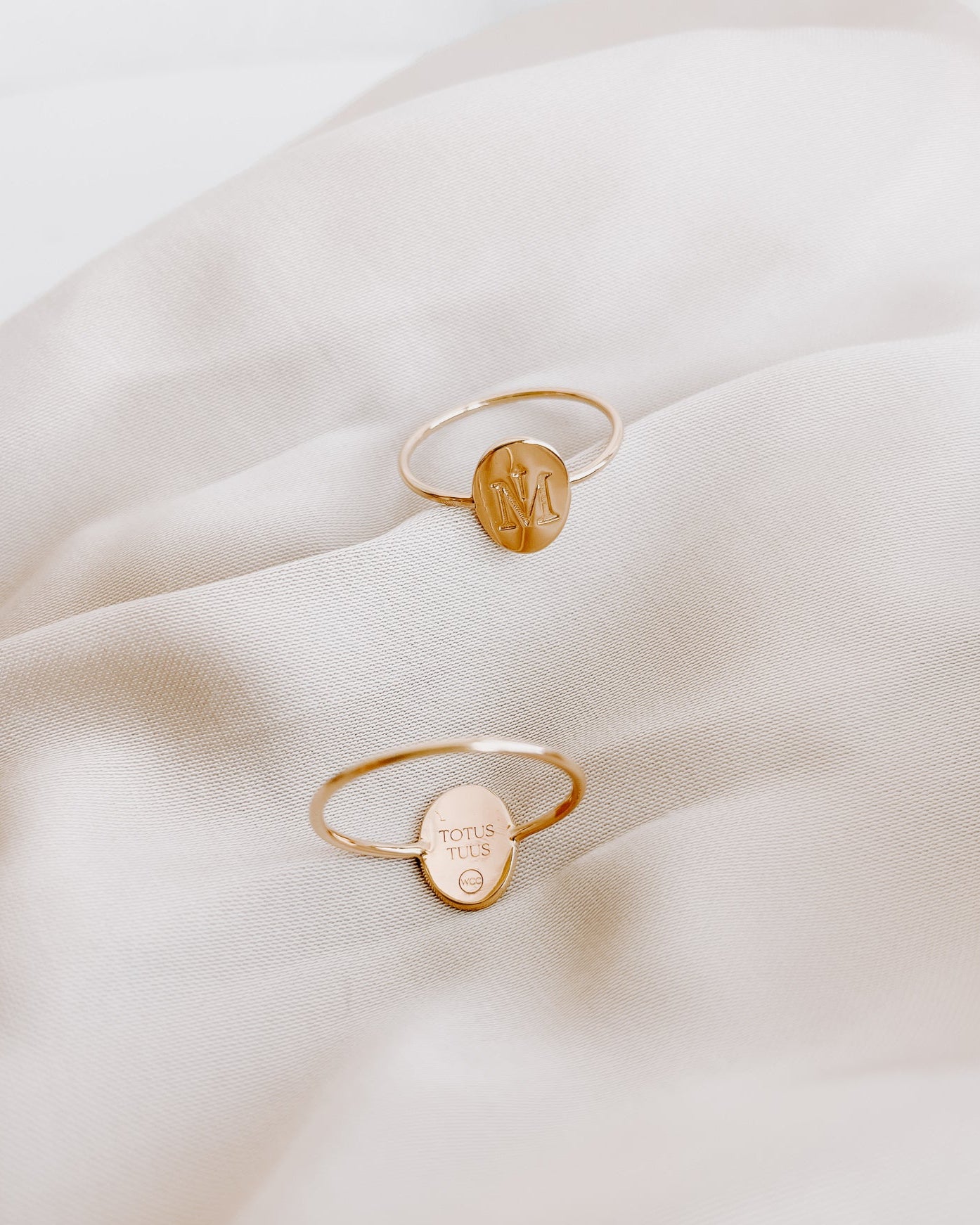 Gold Marian Consecration Ring front and back styled detail shot