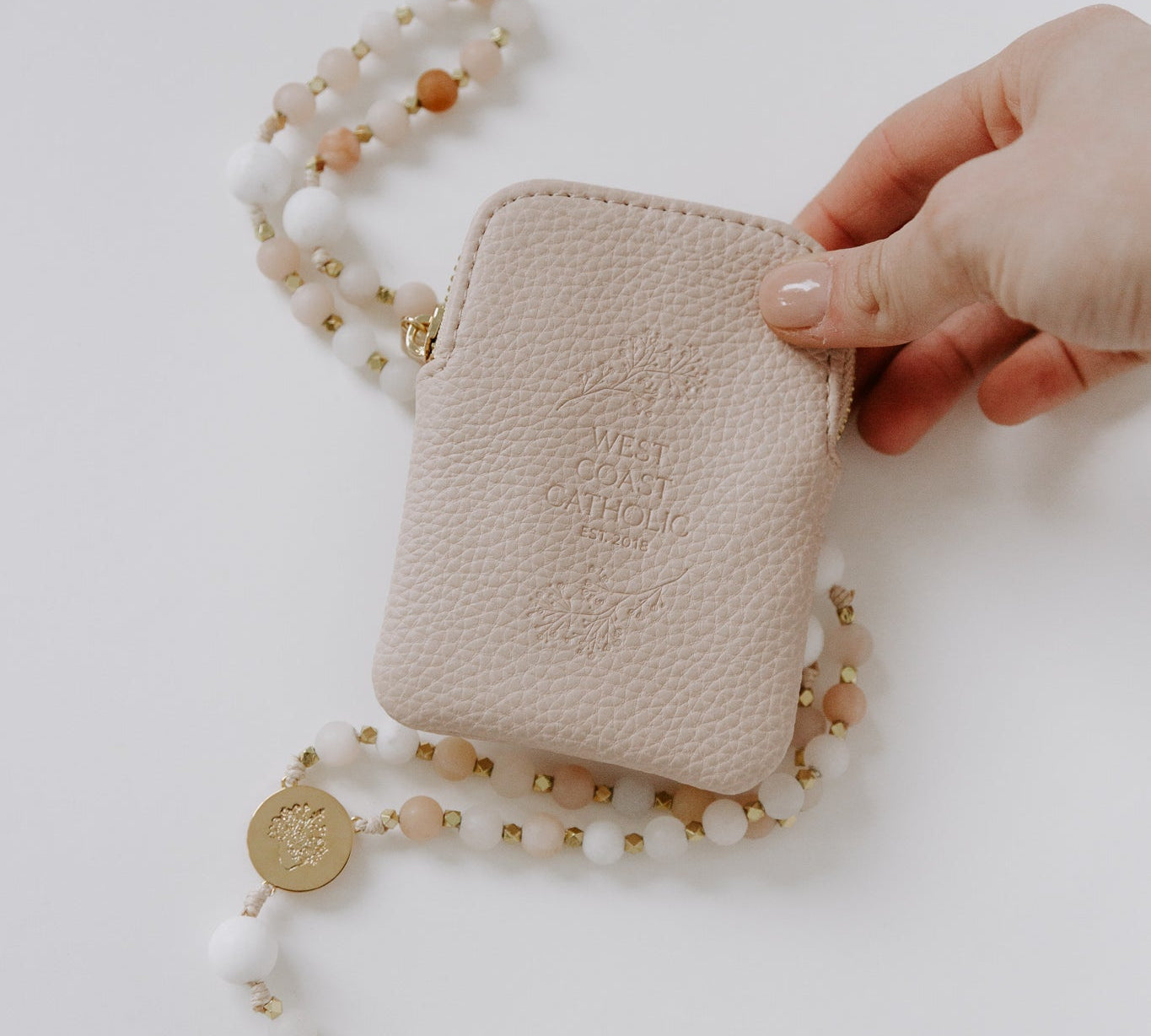Natural leather rosary pouch with Immaculate Heart rosary