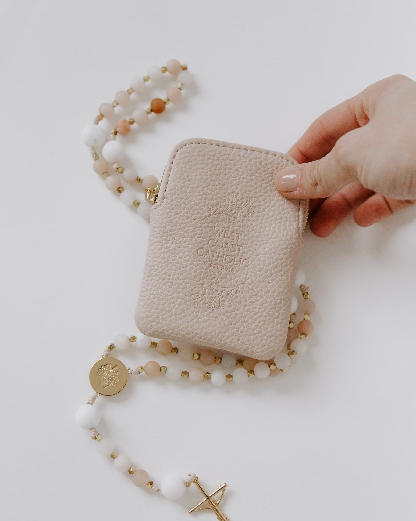 Natural leather rosary pouch with Immaculate Heart rosary