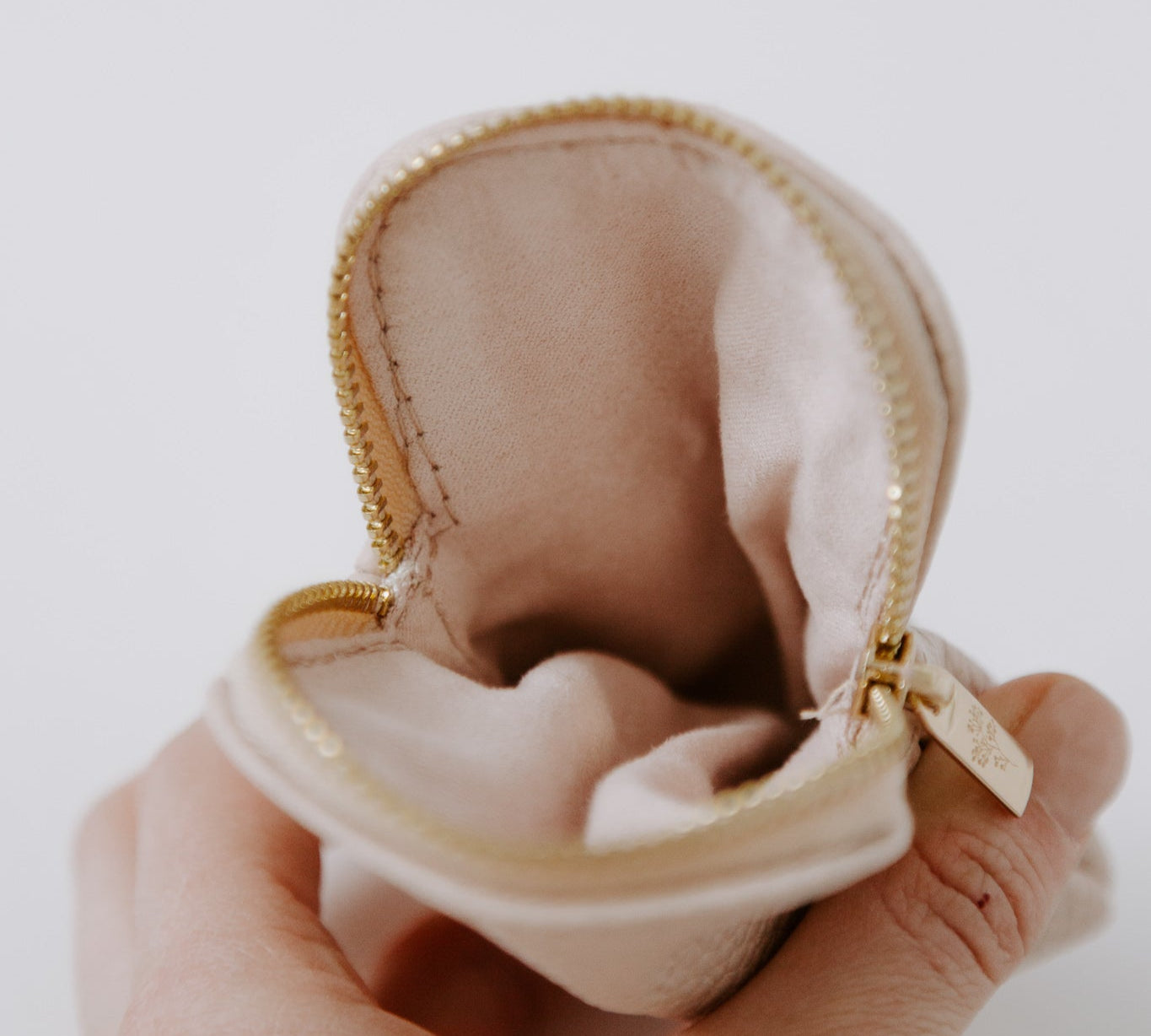Natural leather rosary pouch zipper open detail shot