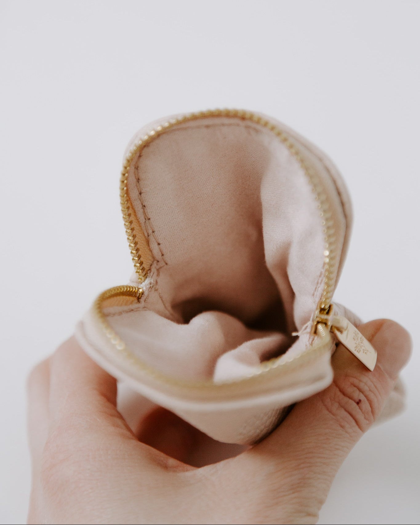 Natural leather rosary pouch zipper open detail shot