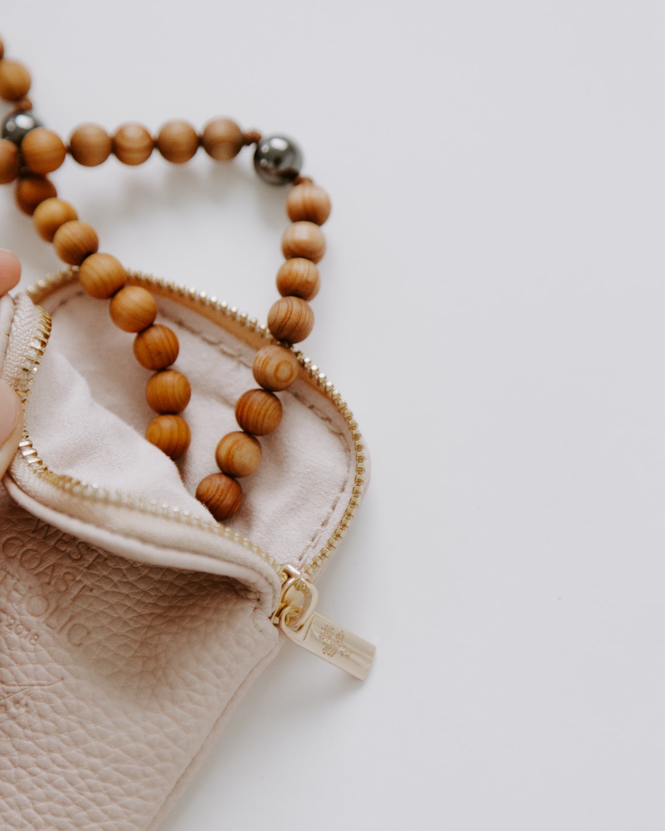 Natural leather rosary pouch with Sinai Rosary inside, detail shot